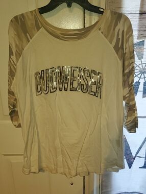 Budweiser Cream and Tan Camo Raglan Long Sleeve Tee